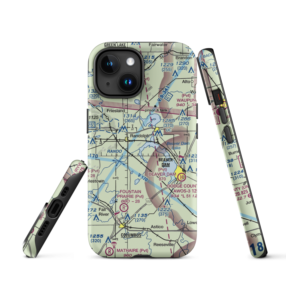Beaver Dam Lake Seaplane Base (1WI5) VFR Sectional  Tough iPhone Case iPhone 15 model shown