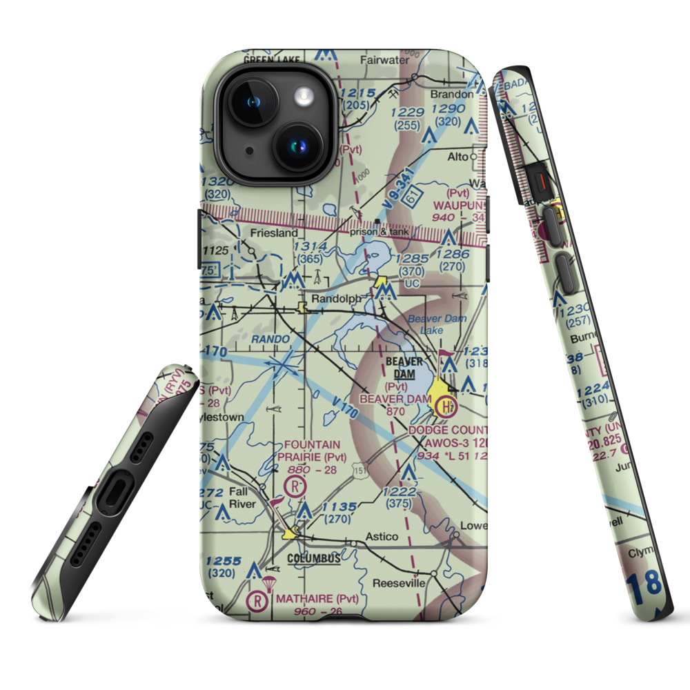 Beaver Dam Lake Seaplane Base (1WI5) VFR Sectional  Tough iPhone Case iPhone 15 Plus model shown