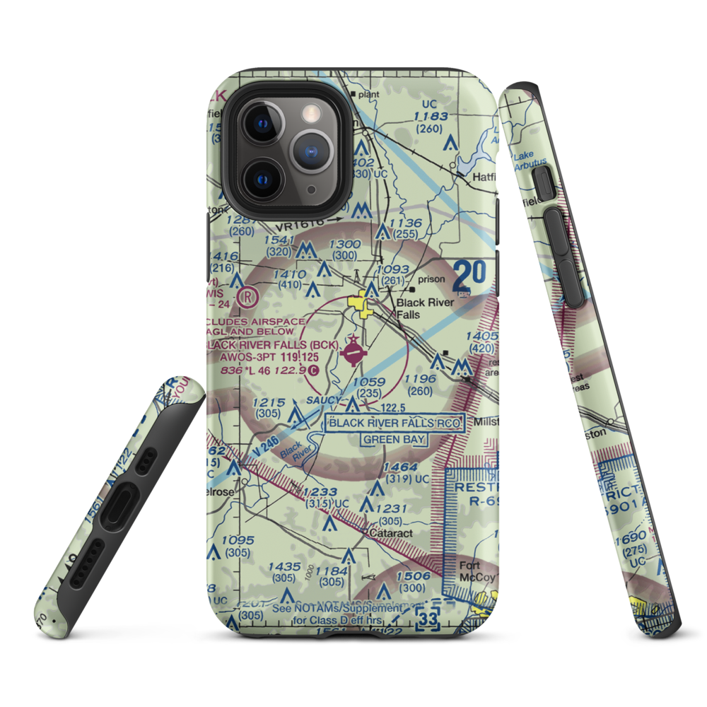 Black River Falls Area Airport (BCK) VFR Sectional  Tough iPhone Case iPhone 11 Pro model shown