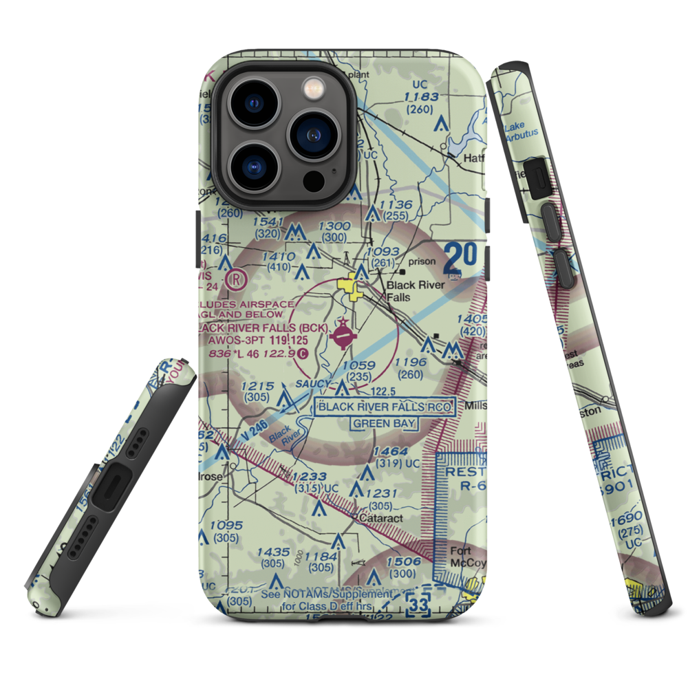 Black River Falls Area Airport (BCK) VFR Sectional  Tough iPhone Case iPhone 13 Pro Max model shown