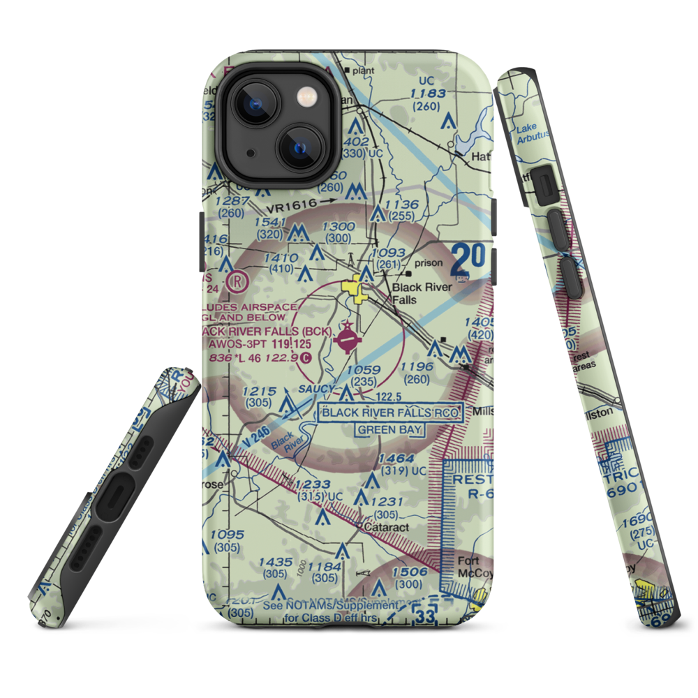 Black River Falls Area Airport (BCK) VFR Sectional  Tough iPhone Case iPhone 14 Plus model shown