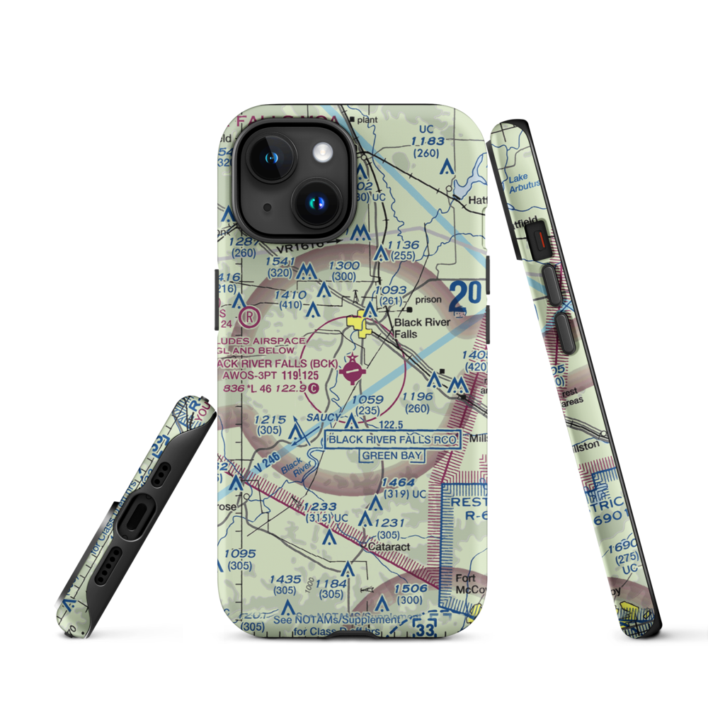 Black River Falls Area Airport (BCK) VFR Sectional  Tough iPhone Case iPhone 15 model shown