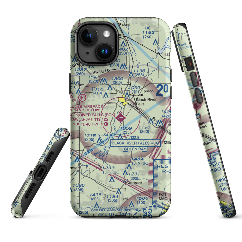 Black River Falls Area Airport (BCK) VFR Sectional  Tough iPhone Case iPhone 15 Plus model shown