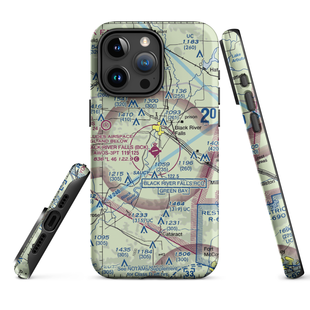 Black River Falls Area Airport (BCK) VFR Sectional  Tough iPhone Case iPhone 15 Pro Max model shown