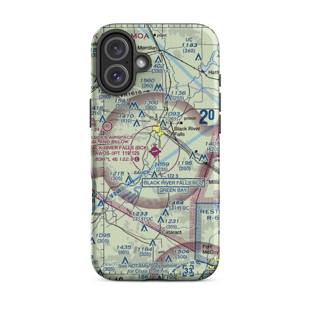 Black River Falls Area Airport (BCK) VFR Sectional  Tough iPhone Case iPhone 16 Plus model shown