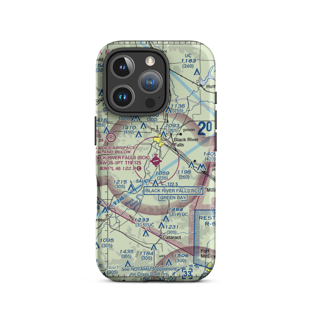 Black River Falls Area Airport (BCK) VFR Sectional  Tough iPhone Case iPhone 16 Pro model shown