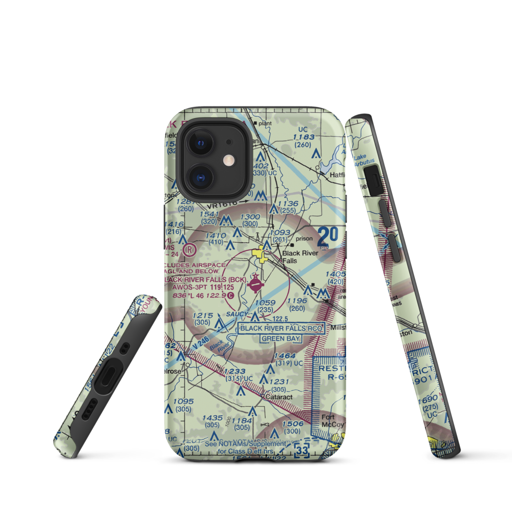 Black River Falls Area Airport (BCK) VFR Sectional  Tough iPhone Case iPhone 12 mini model shown