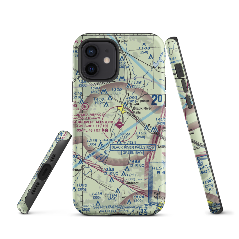 Black River Falls Area Airport (BCK) VFR Sectional  Tough iPhone Case iPhone 12 model shown