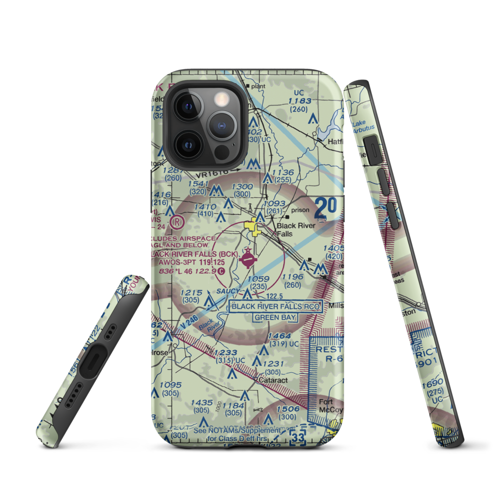 Black River Falls Area Airport (BCK) VFR Sectional  Tough iPhone Case iPhone 12 Pro model shown
