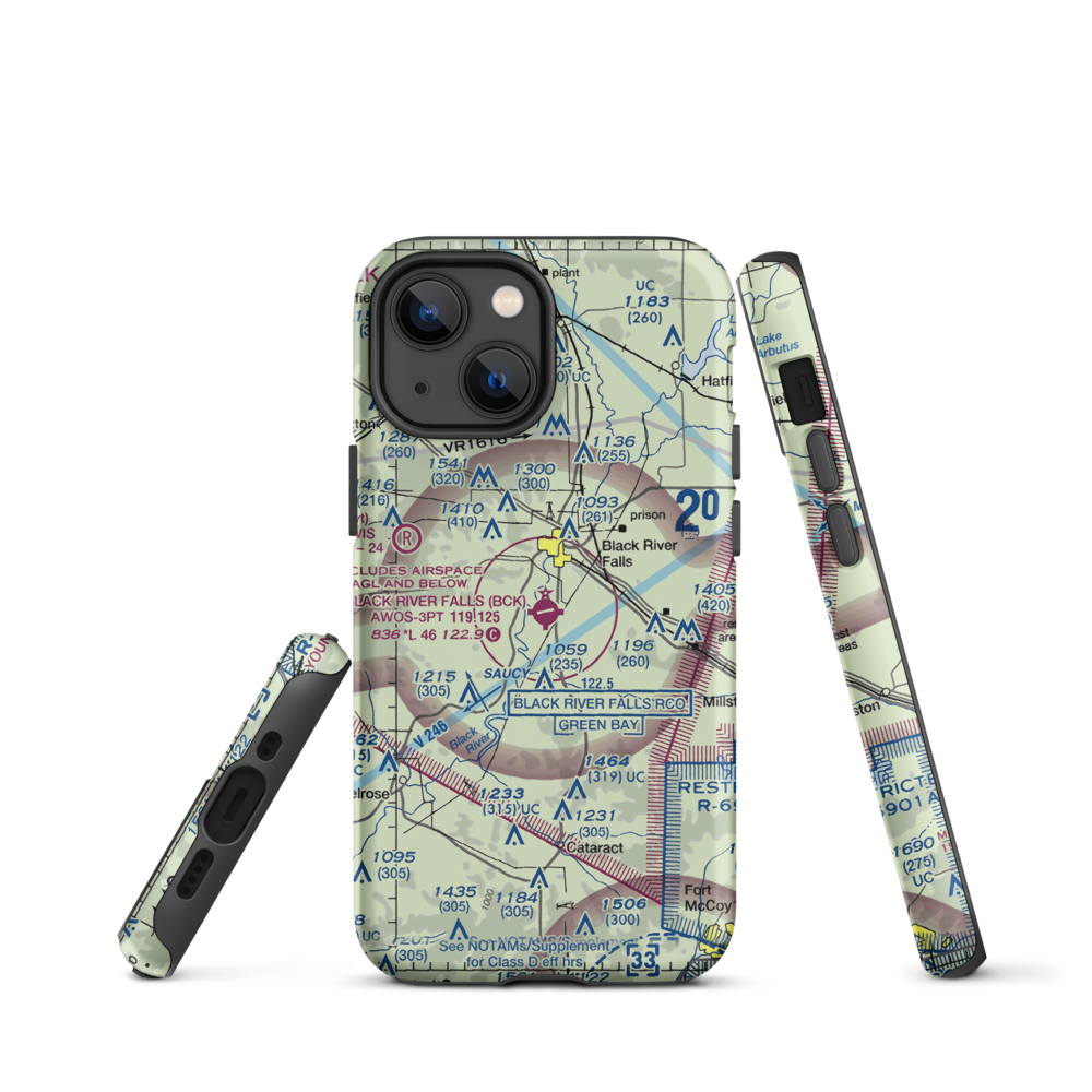 Black River Falls Area Airport (BCK) VFR Sectional  Tough iPhone Case iPhone 13 mini model shown