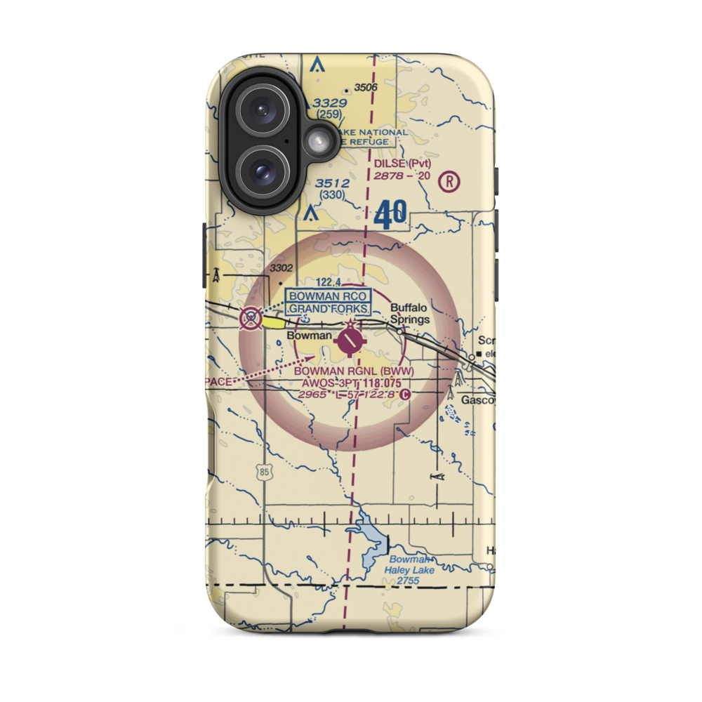 Bowman Regional Airport (BWW) VFR Sectional  Tough iPhone Case iPhone 16 Plus model shown