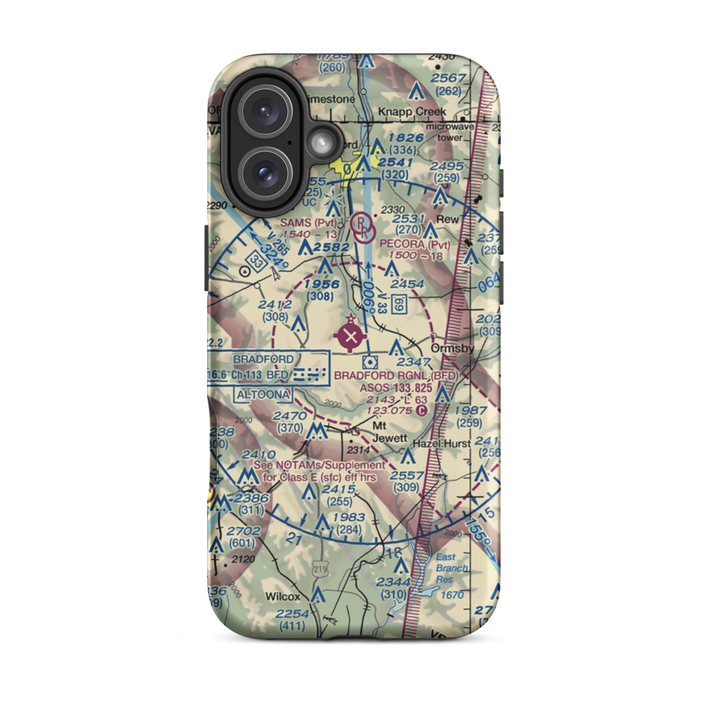 Bradford Regional Airport (BFD) VFR Sectional  Tough iPhone Case iPhone 16 Plus model shown