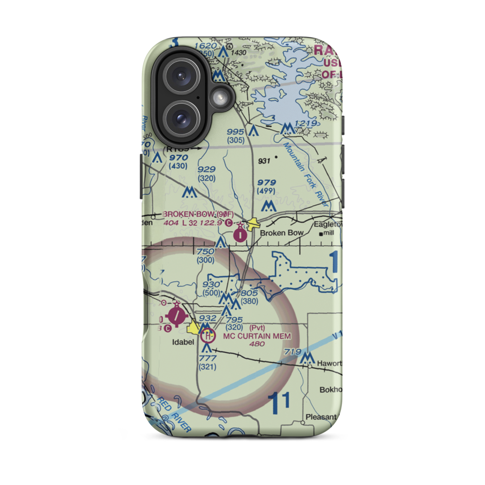 Broken Bow Airport (90F) VFR Sectional  Tough iPhone Case iPhone 16 Plus model shown