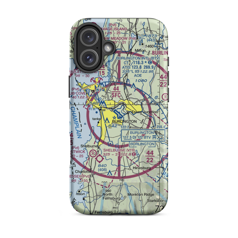 Burlington International Airport (BTV) VFR Sectional  Tough iPhone Case iPhone 16 Plus model shown