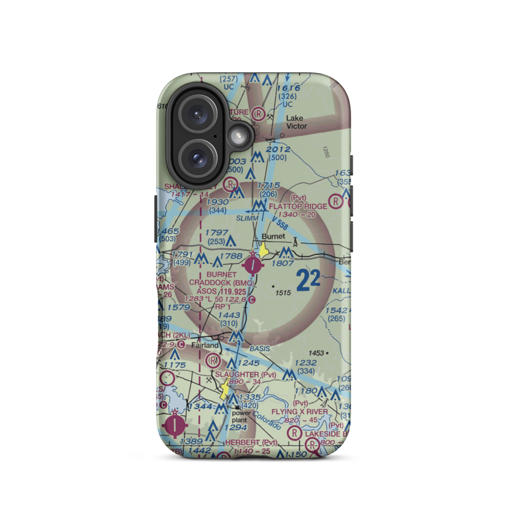 Burnet Municipal Kate Craddock Field (BMQ) VFR Sectional  Tough iPhone Case iPhone 16 model shown