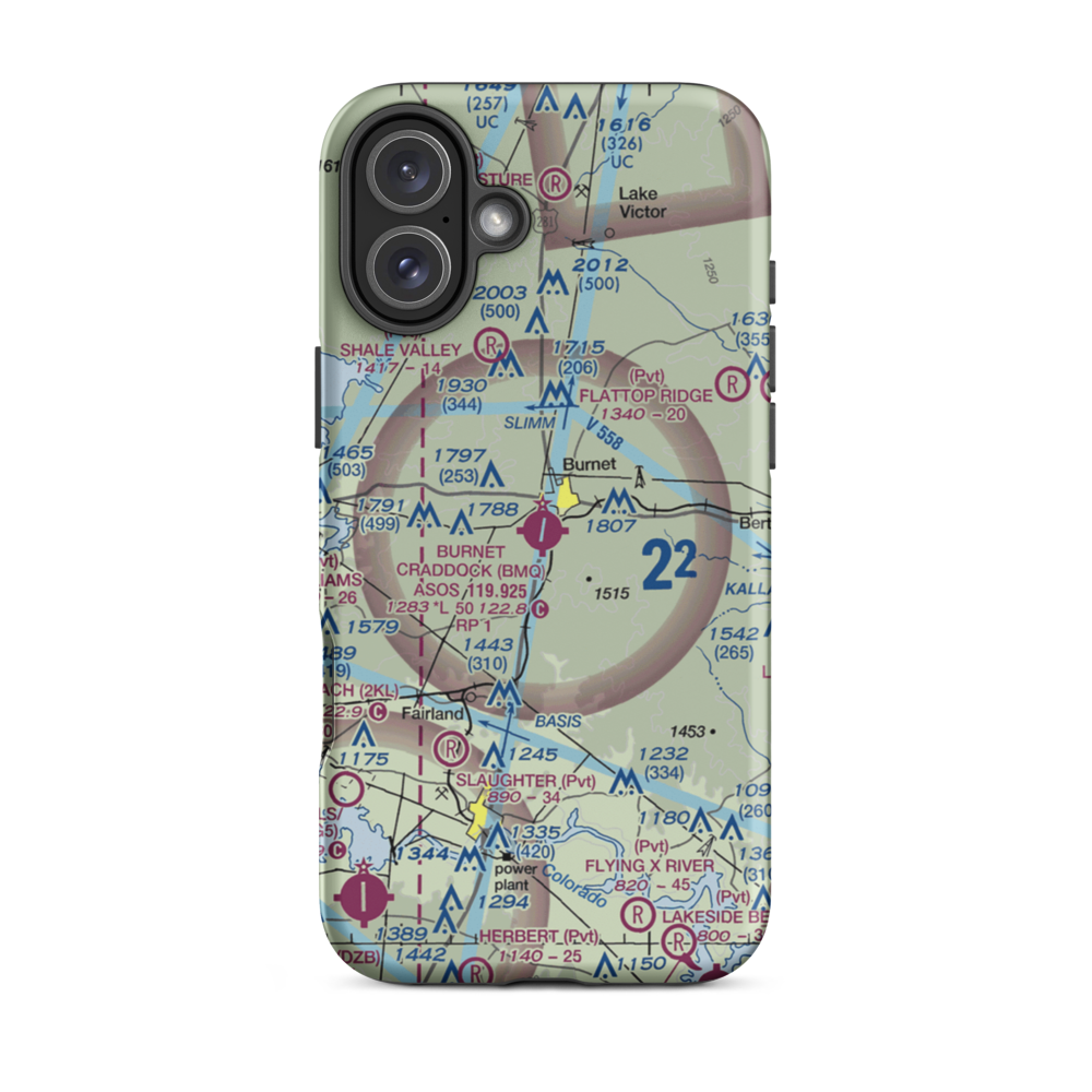 Burnet Municipal Kate Craddock Field (BMQ) VFR Sectional  Tough iPhone Case iPhone 16 Plus model shown