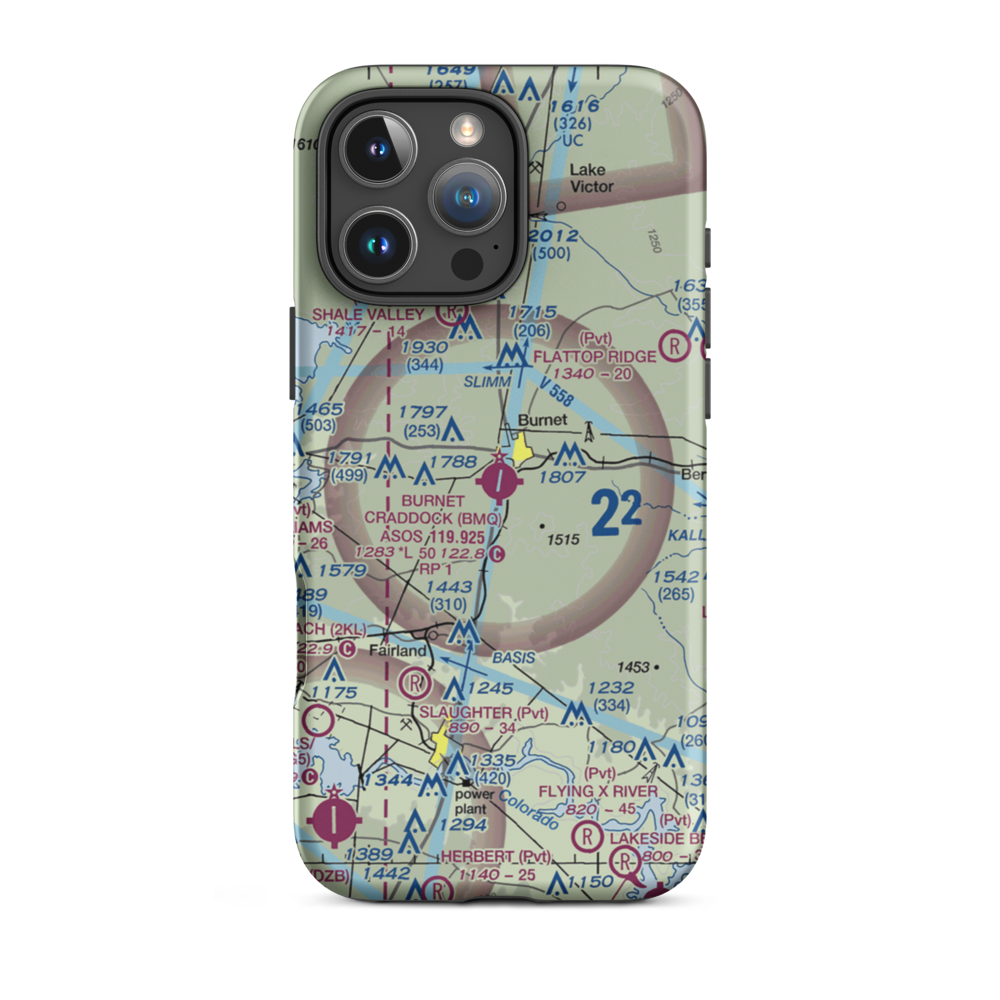 Burnet Municipal Kate Craddock Field (BMQ) VFR Sectional  Tough iPhone Case iPhone 16 Pro Max model shown