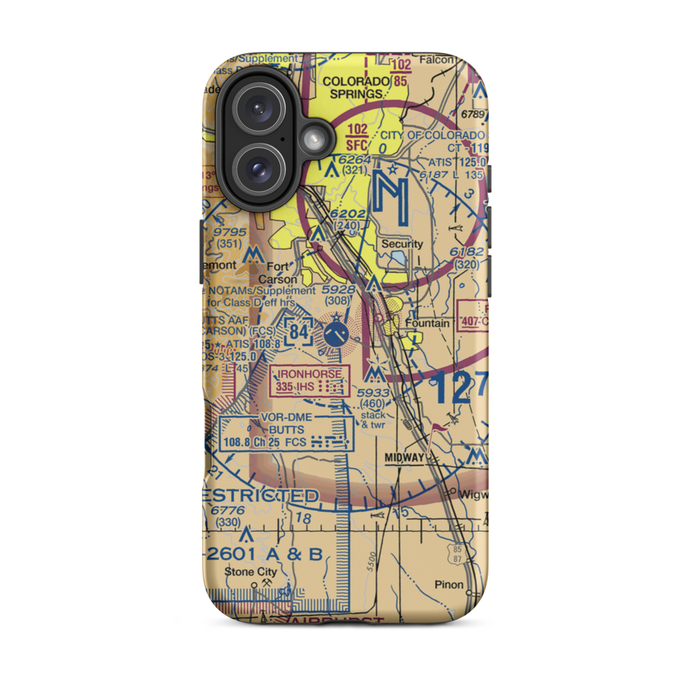 Butts AAF (Fort Carson) Air Field (FCS) VFR Sectional  Tough iPhone Case iPhone 16 Plus model shown