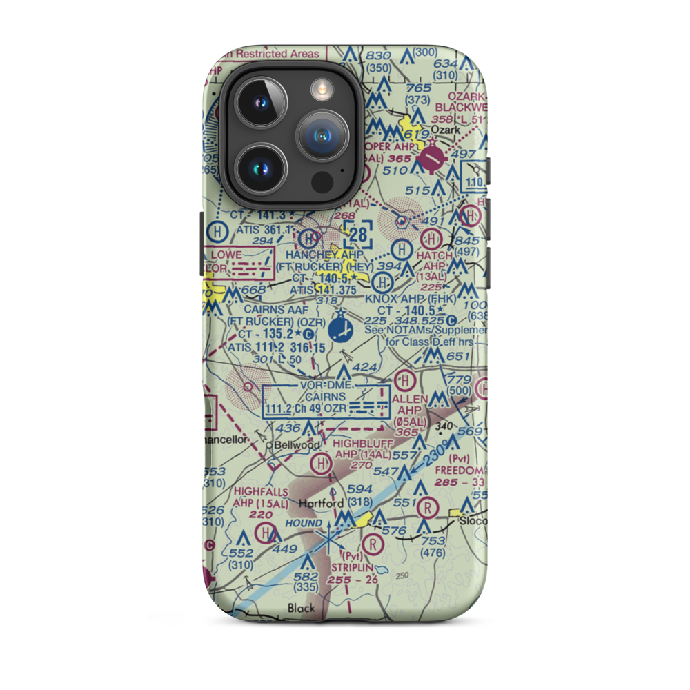 Cairns AAF (Fort Rucker) Air Field (OZR) VFR Sectional  Tough iPhone Case iPhone 16 Pro Max model shown