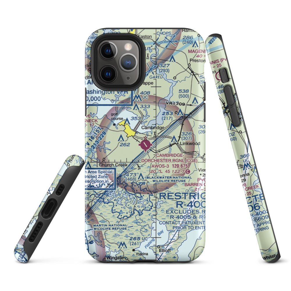 Cambridge Dorchester Airport (CGE) VFR Sectional  Tough iPhone Case iPhone 11 Pro model shown