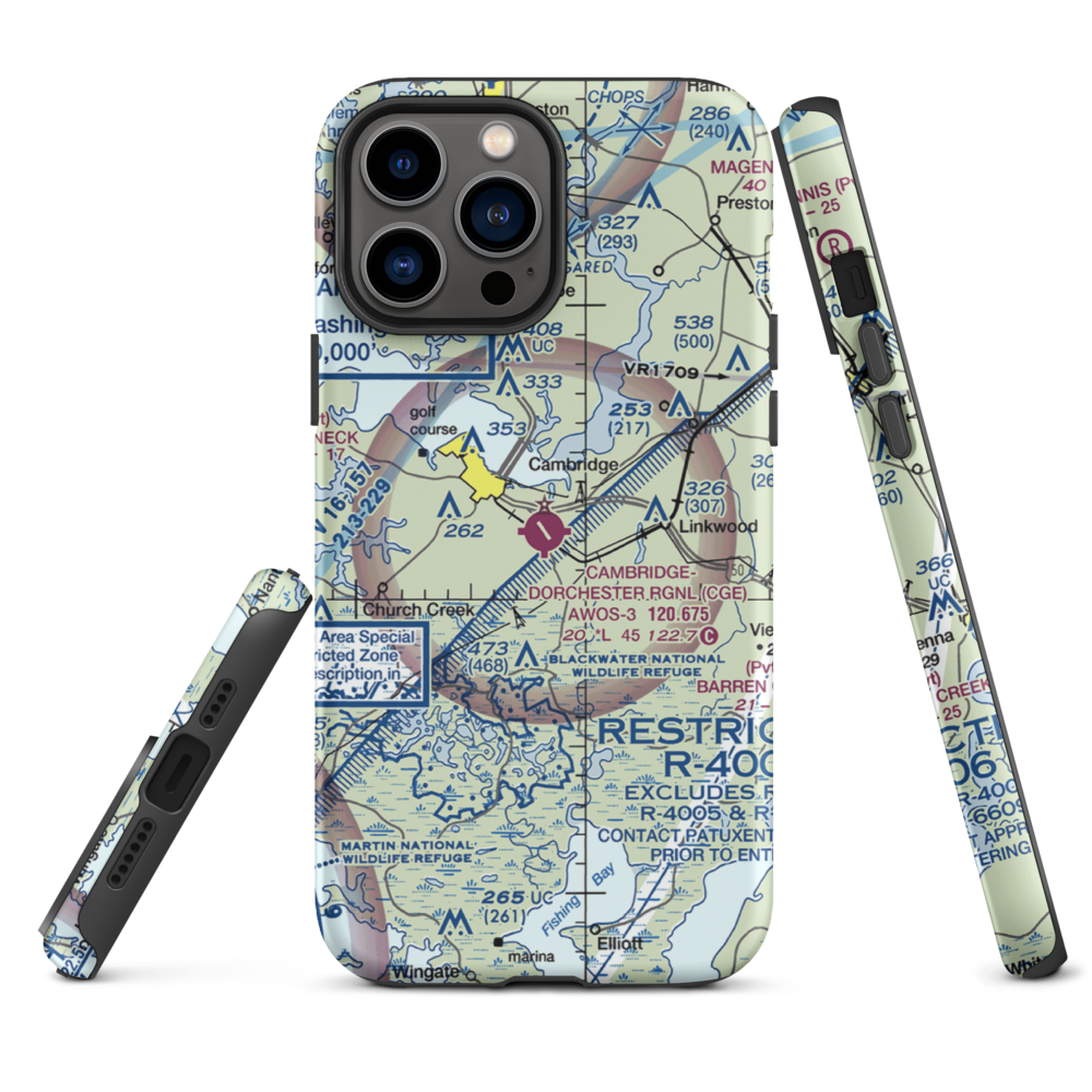 Cambridge Dorchester Airport (CGE) VFR Sectional  Tough iPhone Case iPhone 13 Pro Max model shown