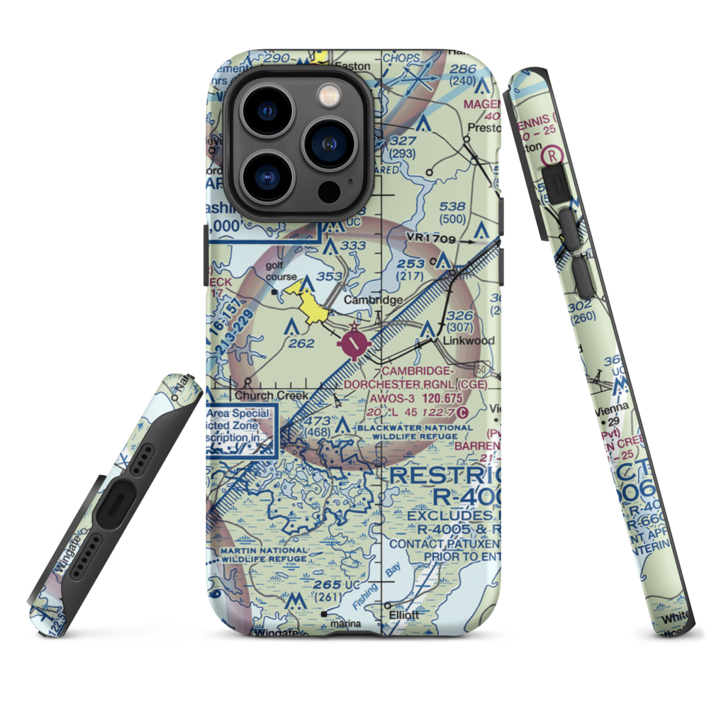 Cambridge Dorchester Airport (CGE) VFR Sectional  Tough iPhone Case iPhone 14 Pro Max model shown