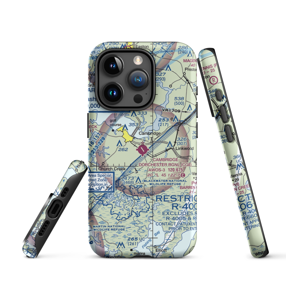 Cambridge Dorchester Airport (CGE) VFR Sectional  Tough iPhone Case iPhone 15 Pro model shown