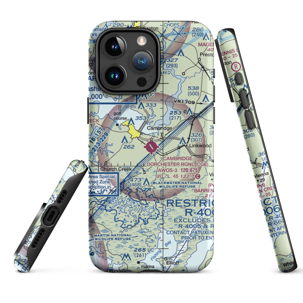 Cambridge Dorchester Airport (CGE) VFR Sectional  Tough iPhone Case iPhone 15 Pro Max model shown