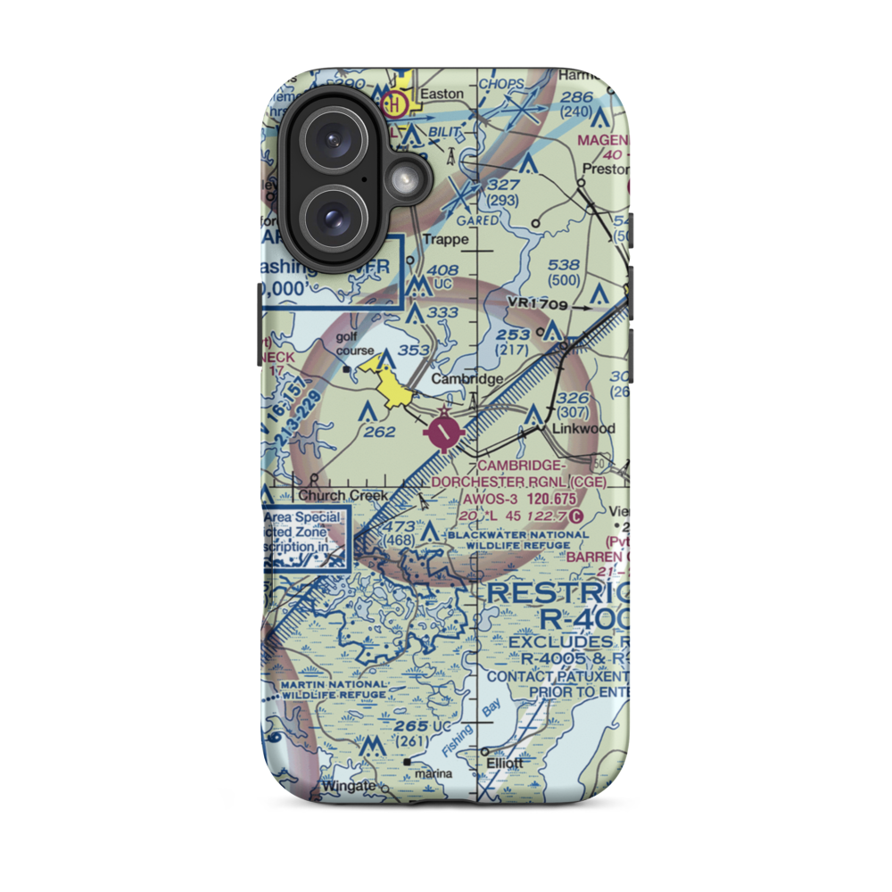 Cambridge Dorchester Airport (CGE) VFR Sectional  Tough iPhone Case iPhone 16 Plus model shown