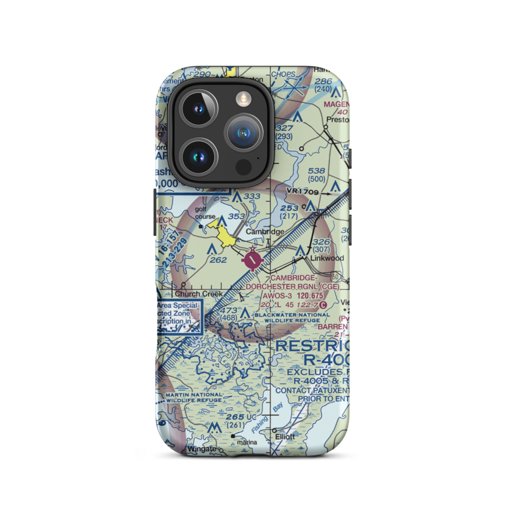 Cambridge Dorchester Airport (CGE) VFR Sectional  Tough iPhone Case iPhone 16 Pro model shown