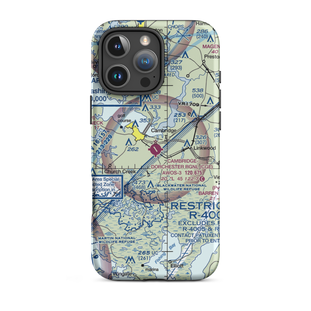 Cambridge Dorchester Airport (CGE) VFR Sectional  Tough iPhone Case iPhone 16 Pro Max model shown