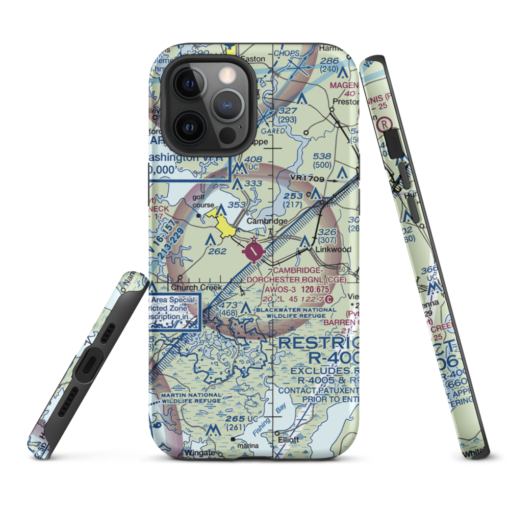 Cambridge Dorchester Airport (CGE) VFR Sectional  Tough iPhone Case iPhone 12 Pro Max model shown