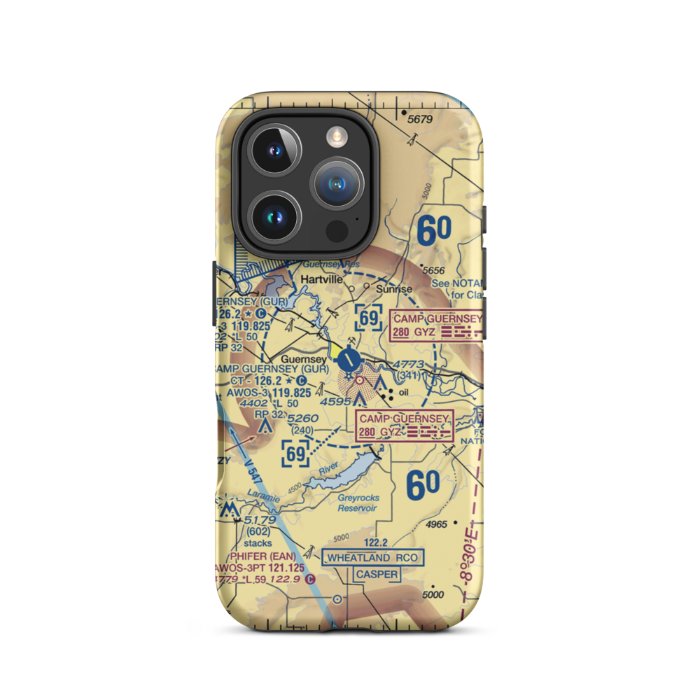 Camp Guernsey Airport (GUR) VFR Sectional  Tough iPhone Case iPhone 16 Pro model shown