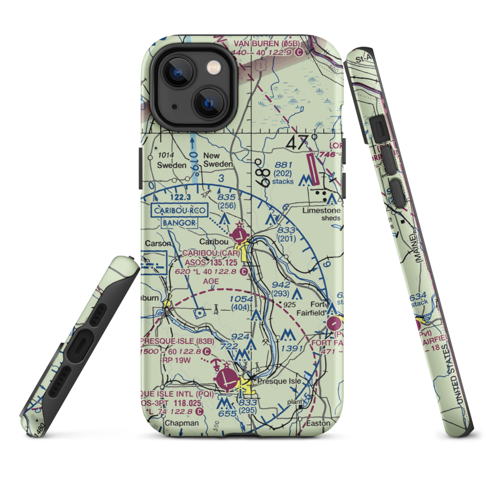 Caribou Municipal Airport (CAR) VFR Sectional  Tough iPhone Case iPhone 14 Plus model shown