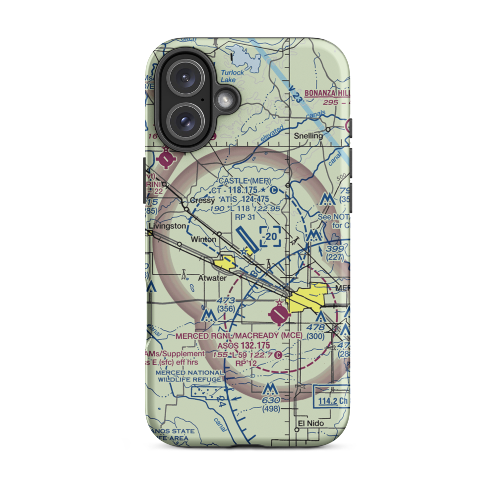 Castle Airport (MER) VFR Sectional  Tough iPhone Case iPhone 16 Plus model shown