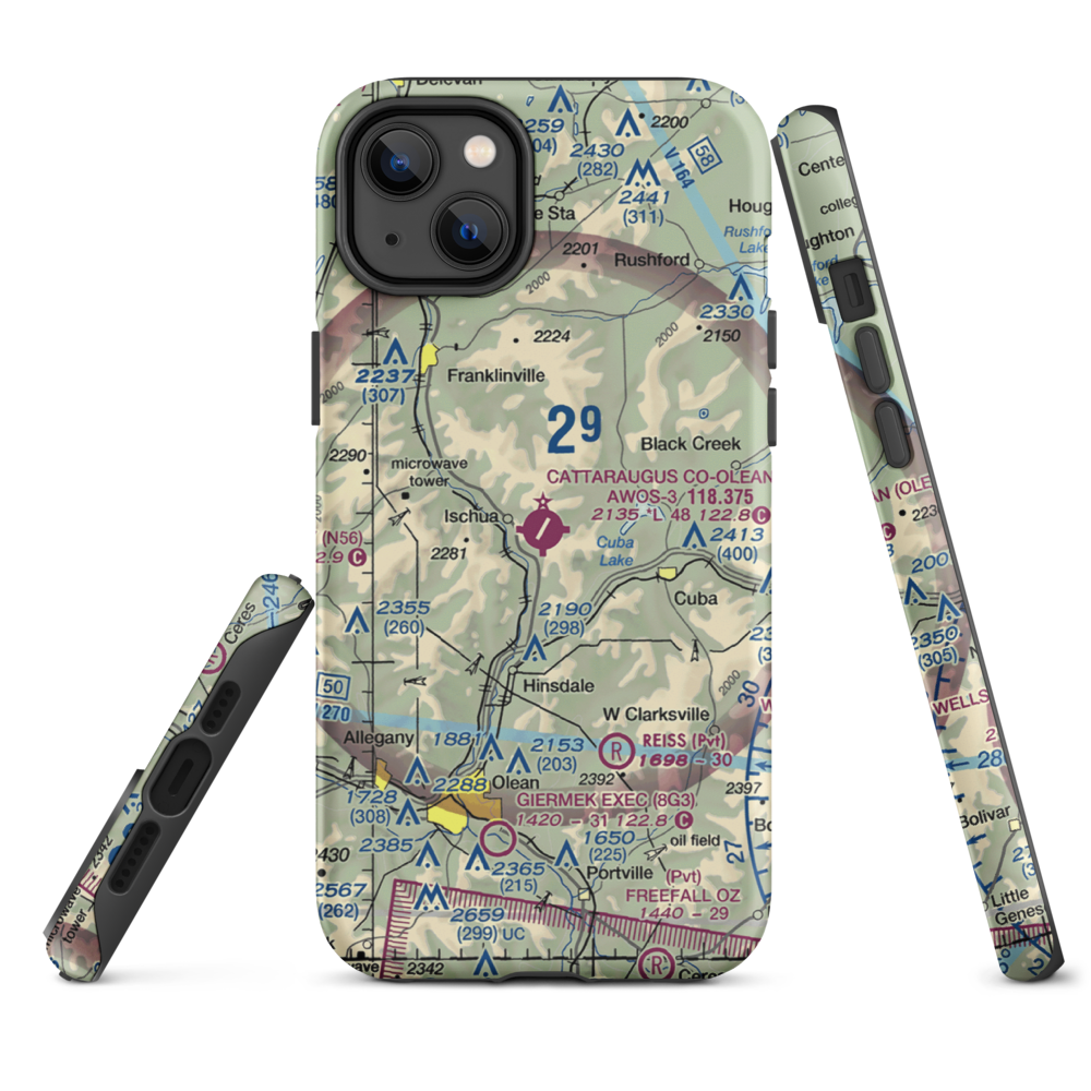 Cattaraugus County-Olean Airport (OLE) VFR Sectional  Tough iPhone Case iPhone 14 Plus model shown