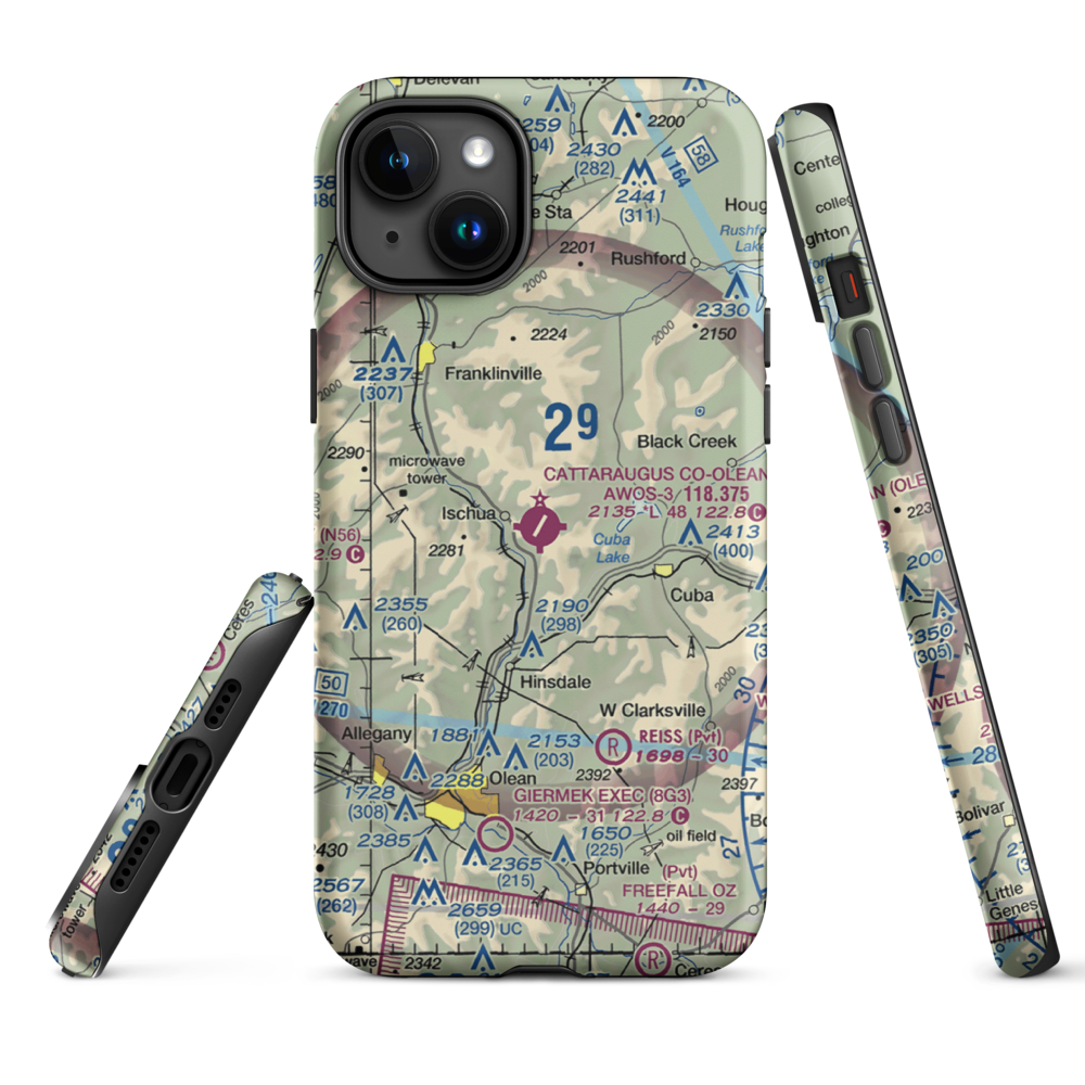 Cattaraugus County-Olean Airport (OLE) VFR Sectional  Tough iPhone Case iPhone 15 Plus model shown