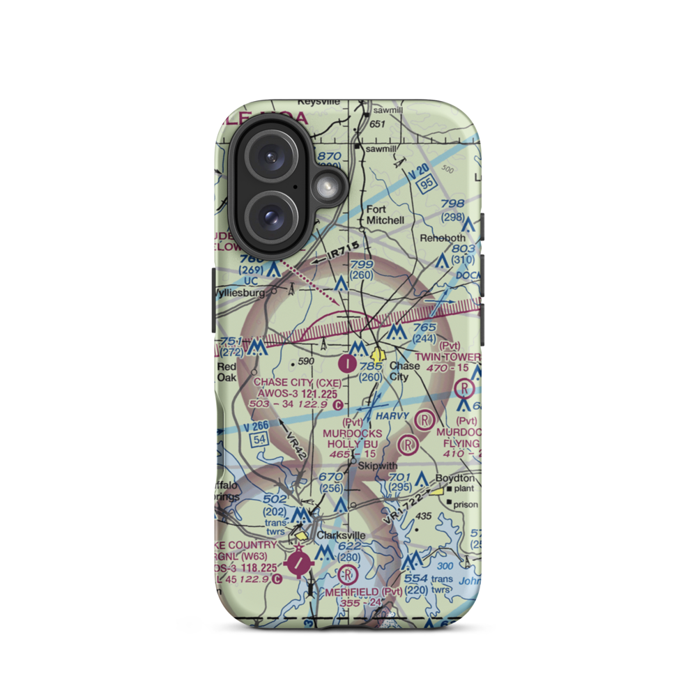 Chase City Municipal Airport (CXE) VFR Sectional  Tough iPhone Case iPhone 16 model shown