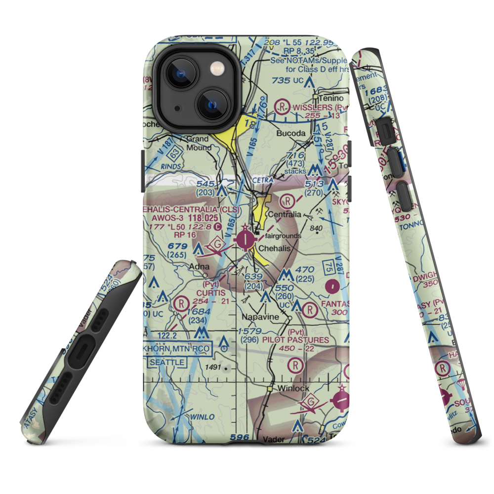 Chehalis Centralia Airport (CLS) VFR Sectional  Tough iPhone Case iPhone 14 Plus model shown