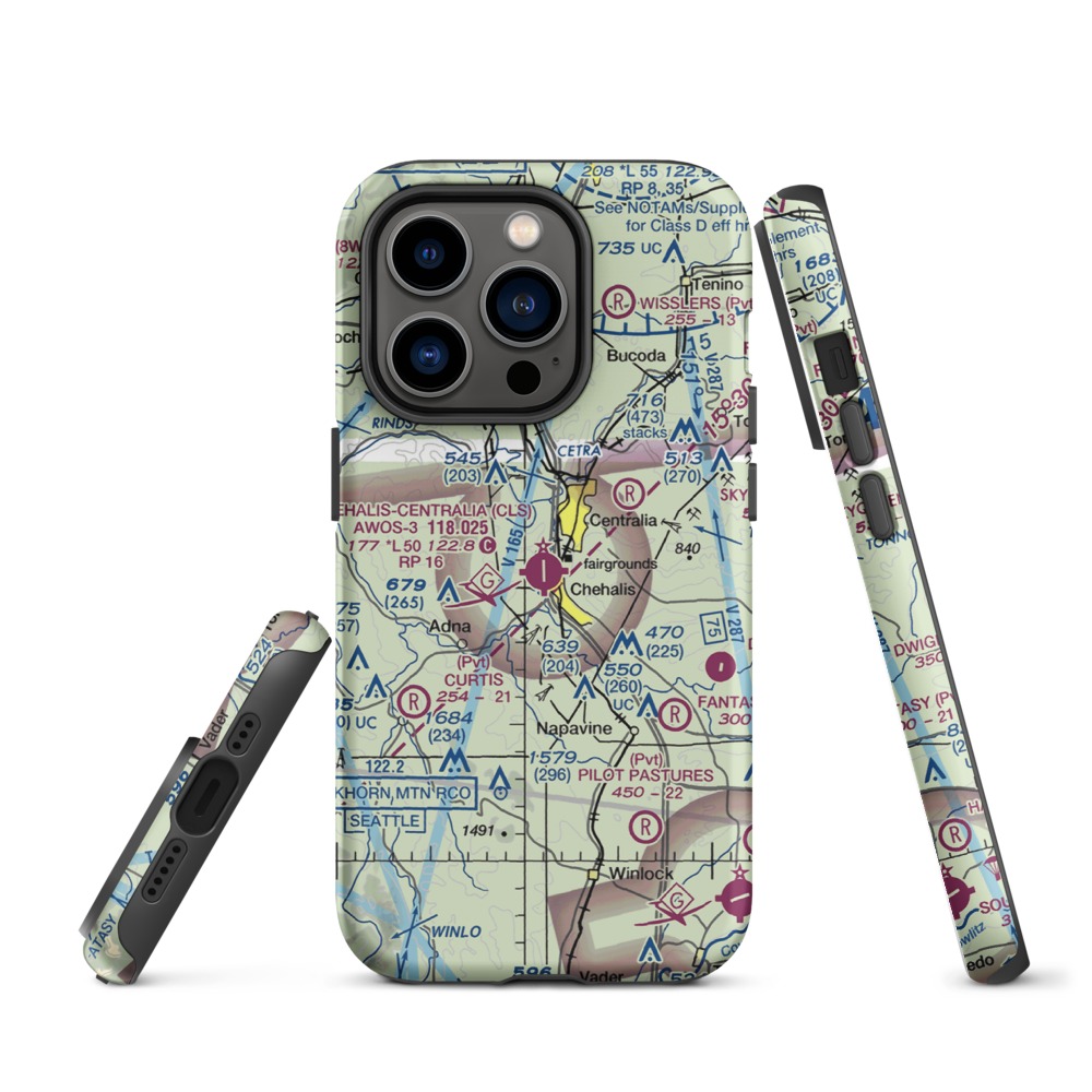 Chehalis Centralia Airport (CLS) VFR Sectional  Tough iPhone Case iPhone 14 Pro model shown