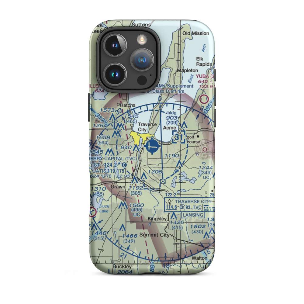 Cherry Capital Airport (TVC) VFR Sectional  Tough iPhone Case iPhone 16 Pro Max model shown