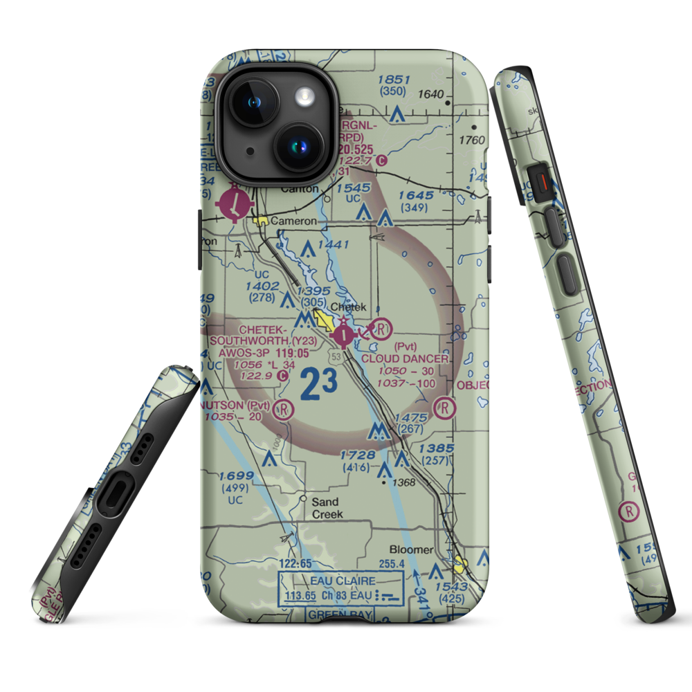 Chetek Municipal Southworth Airport (Y23) VFR Sectional  Tough iPhone Case iPhone 15 Plus model shown