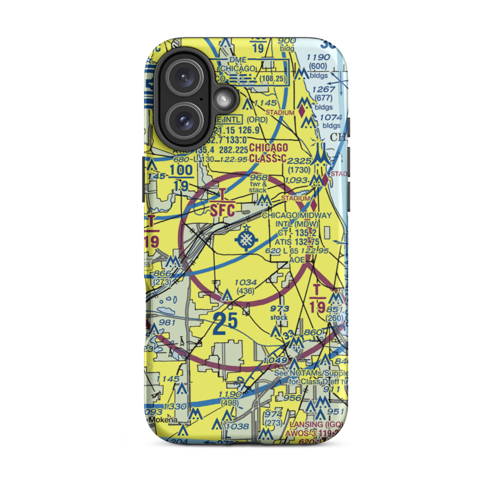 Chicago Midway International Airport (MDW) VFR Sectional  Tough iPhone Case iPhone 16 Plus model shown