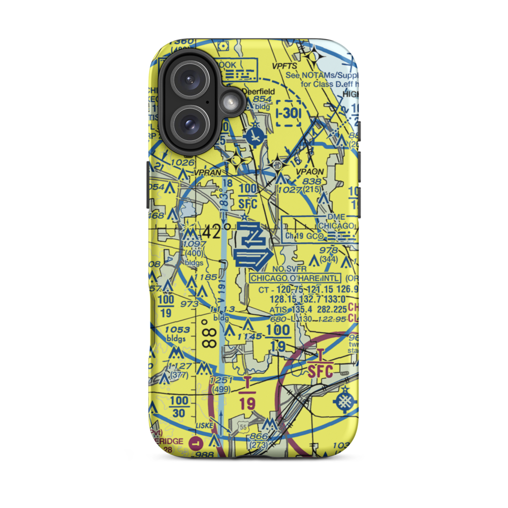 Chicago O'Hare International Airport (ORD) VFR Sectional  Tough iPhone Case iPhone 16 Plus model shown