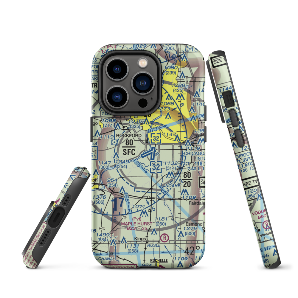 Chicago Rockford International Airport (RFD) VFR Sectional  Tough iPhone Case iPhone 14 Pro model shown
