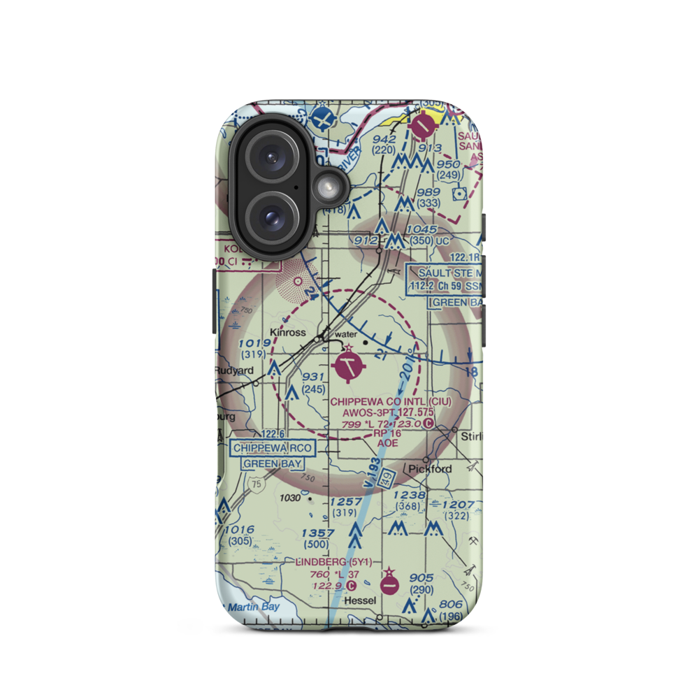 Chippewa County International Airport (CIU) VFR Sectional  Tough iPhone Case iPhone 16 model shown