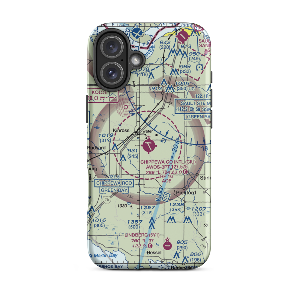 Chippewa County International Airport (CIU) VFR Sectional  Tough iPhone Case iPhone 16 Plus model shown