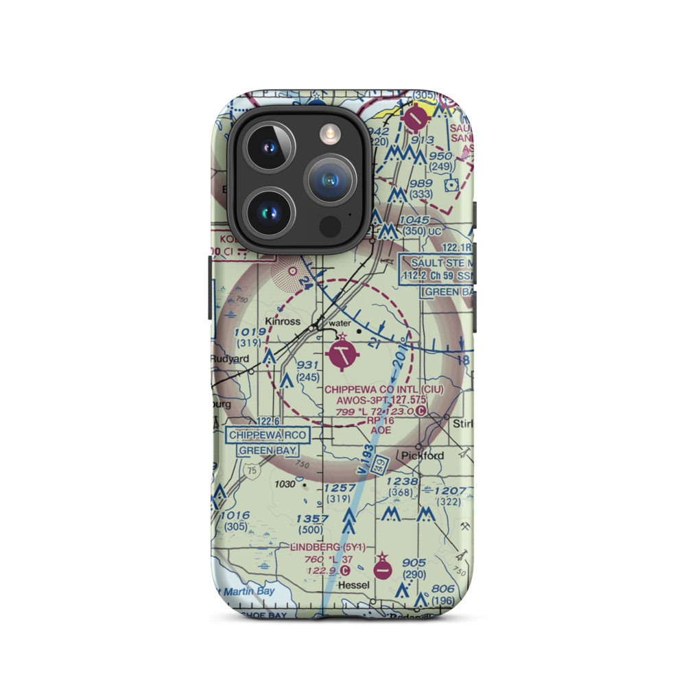 Chippewa County International Airport (CIU) VFR Sectional  Tough iPhone Case iPhone 16 Pro model shown