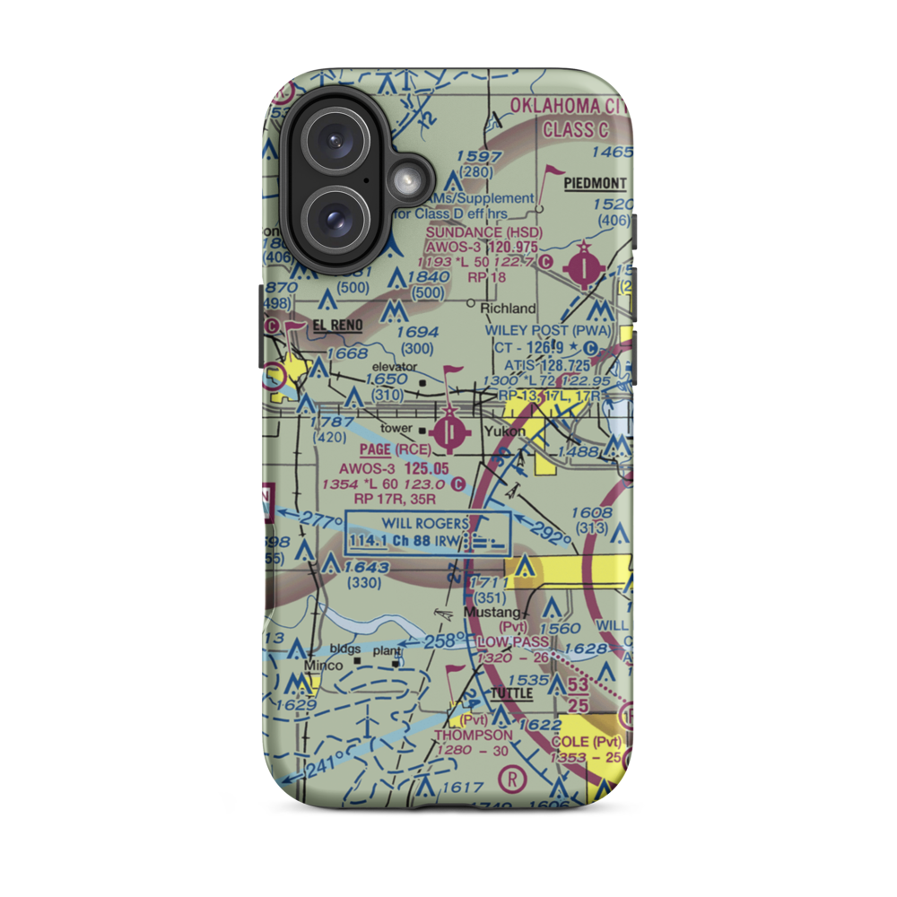 Clarence E Page Municipal Airport (RCE) VFR Sectional  Tough iPhone Case iPhone 16 Plus model shown