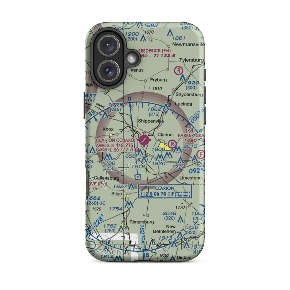 Clarion County Airport (AXQ) VFR Sectional  Tough iPhone Case iPhone 16 Plus model shown